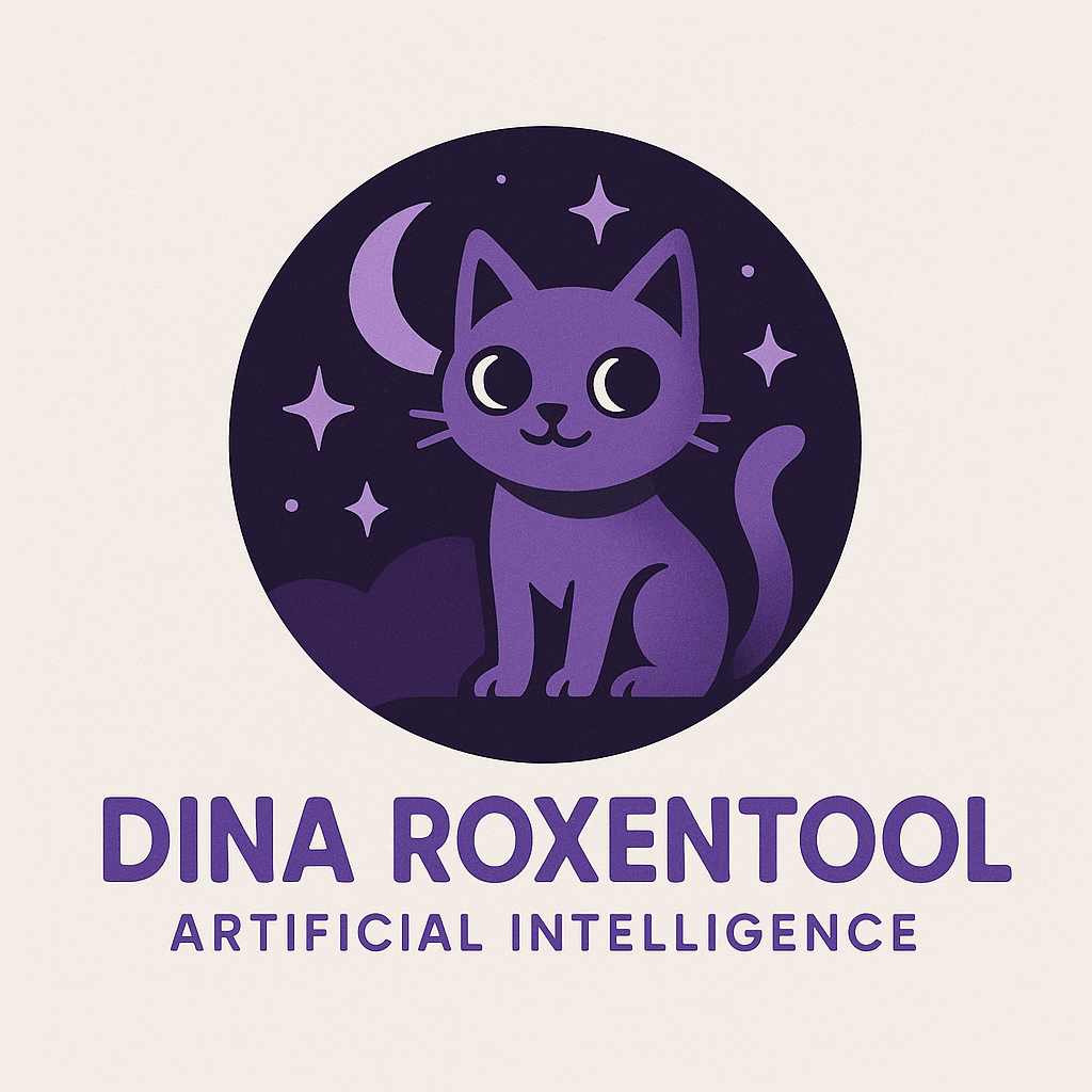 A logo featuring a purple cartoon cat sitting in front of a moon and stars, with the text 'DINA ROXENTOOL' and 'ARTIFICIAL INTELLIGENCE' beneath.