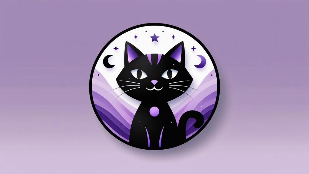 A stylized black cat with large eyes and a friendly expression, set against a purple gradient background with stars and crescent moons.