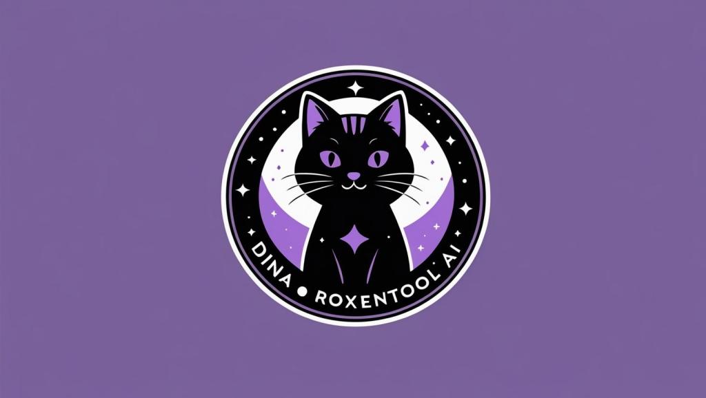 A circular logo featuring a black silhouette of a cat with purple accents and a starry background, surrounded by a border that includes the text 'DINA ROXENTOOL AI'.