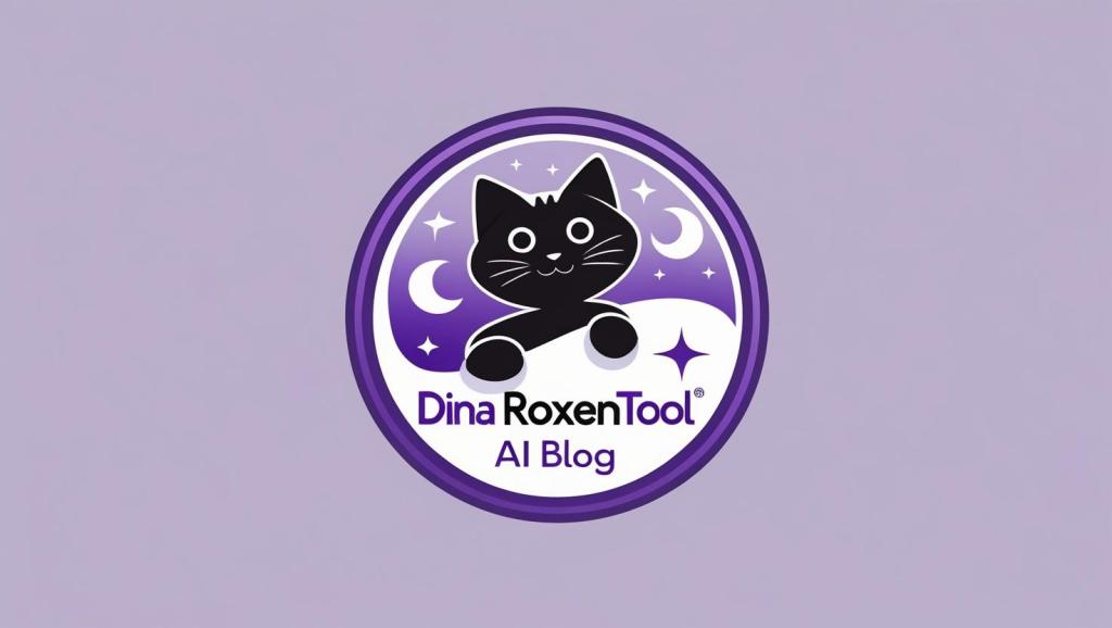 Logo for 'Dina RoxenTool AI Blog' featuring a stylized black cat against a purple background, surrounded by crescent moons and stars.