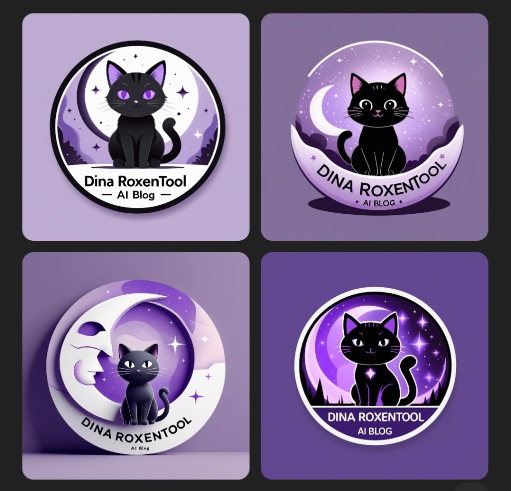 Four logo designs featuring a cute black cat with various backgrounds and elements, displaying the brand name 'Dina RoxenTool' and the subtitle 'AI Blog' in a playful and colorful style.