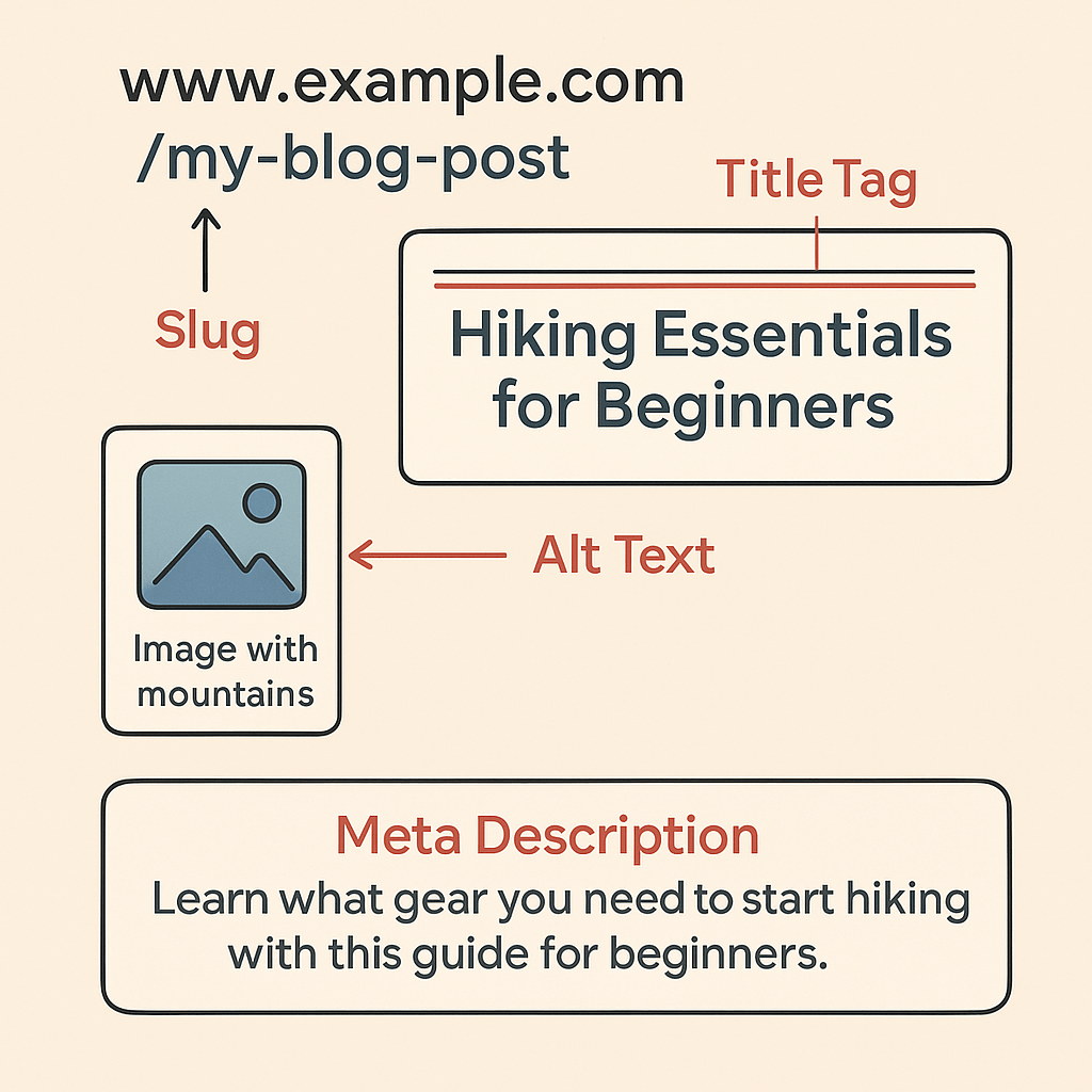 Illustration explaining SEO concepts with sections on title tag, slug, alt text, and meta description relevant to a blog post about hiking.