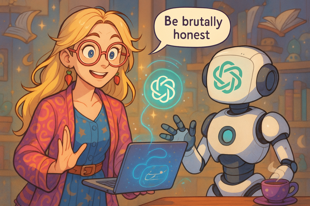 An animated scene featuring a young woman with long blonde hair and glasses, excitedly interacting with a robot while sitting in a cozy room. The robot is communicating with a speech bubble that reads 'Be brutally honest,' and there is a laptop open in front of the woman.