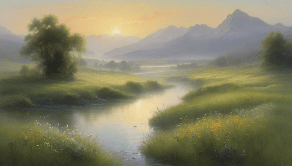 A serene landscape depicting a tranquil river flowing through lush green fields under a soft sunrise, with distant mountains visible in the background.