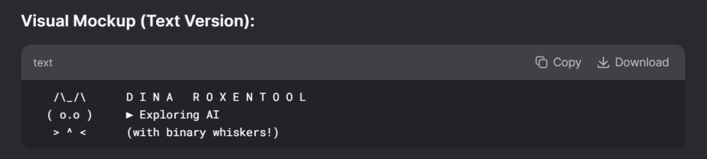Text-based logo mockup featuring the name 'DINA ROXEN TOOL' with a stylized cat illustration and the phrase 'Exploring AI (with binary whiskers!)'