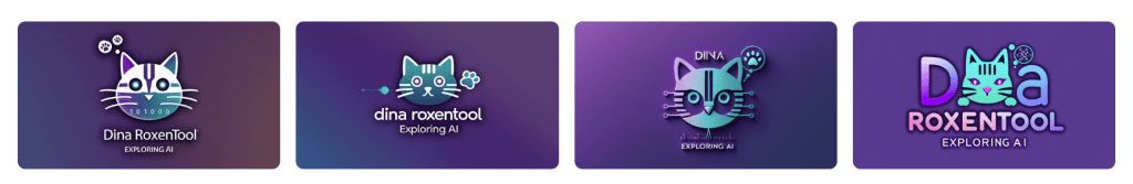 A collage of four distinctive logo designs featuring a stylized cat and the text 'Dina RoxenTool Exploring AI' with varying color schemes.