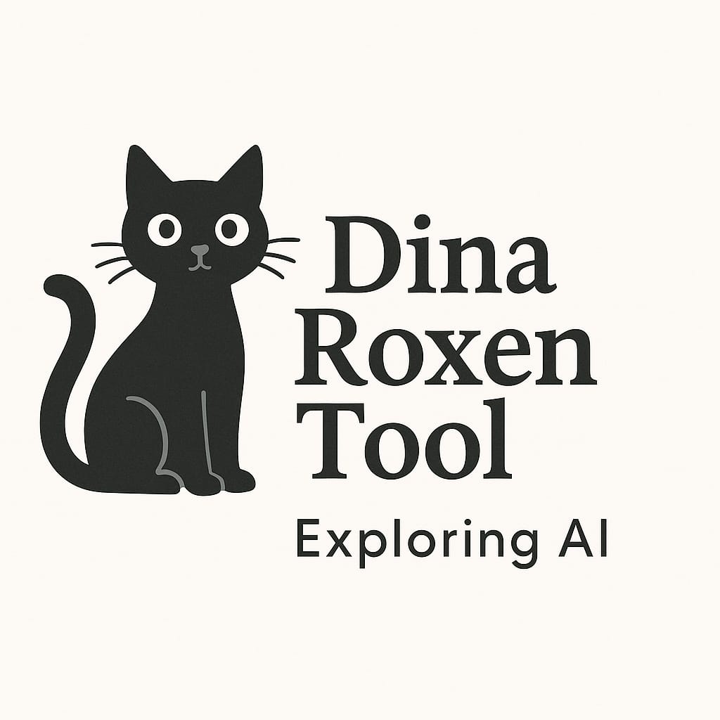 Logo featuring a stylized black cat alongside the text 'Dina Roxen Tool Exploring AI', presented on a light background.