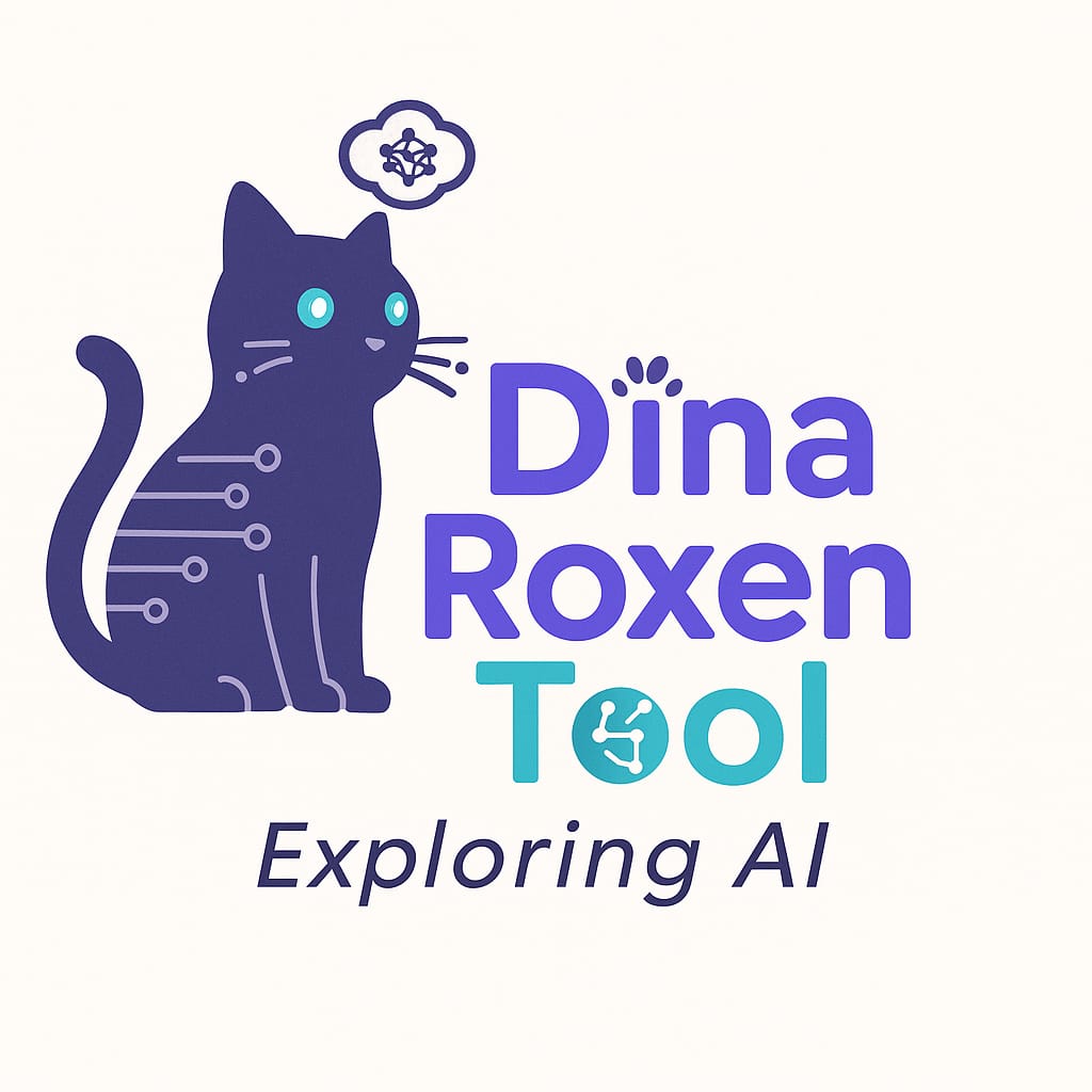 A stylized logo featuring a cat with a digital design, accompanied by the text 'Dina Roxen Tool' and the tagline 'Exploring AI'.