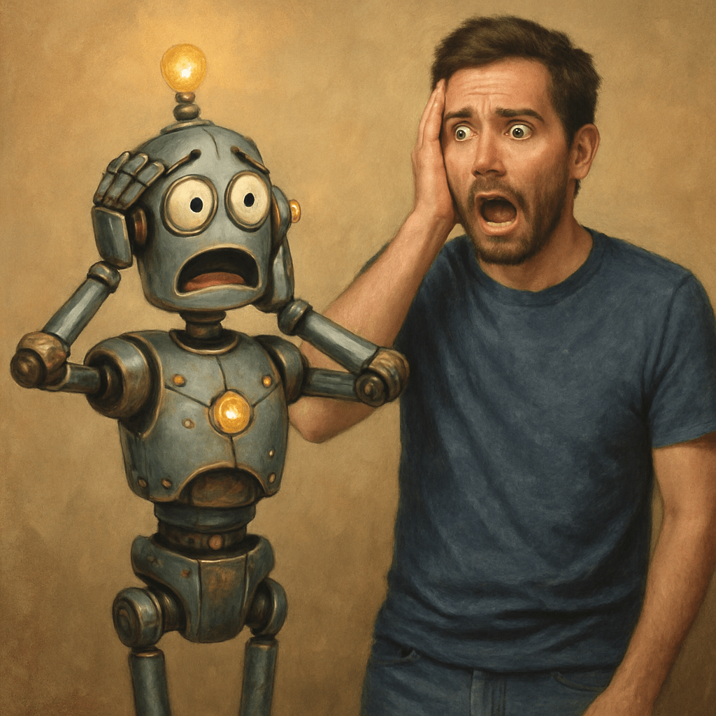 A shocked man and a distressed robot, both expressing alarm, with the man holding his head in disbelief and the robot appearing frightened, set against a neutral background.