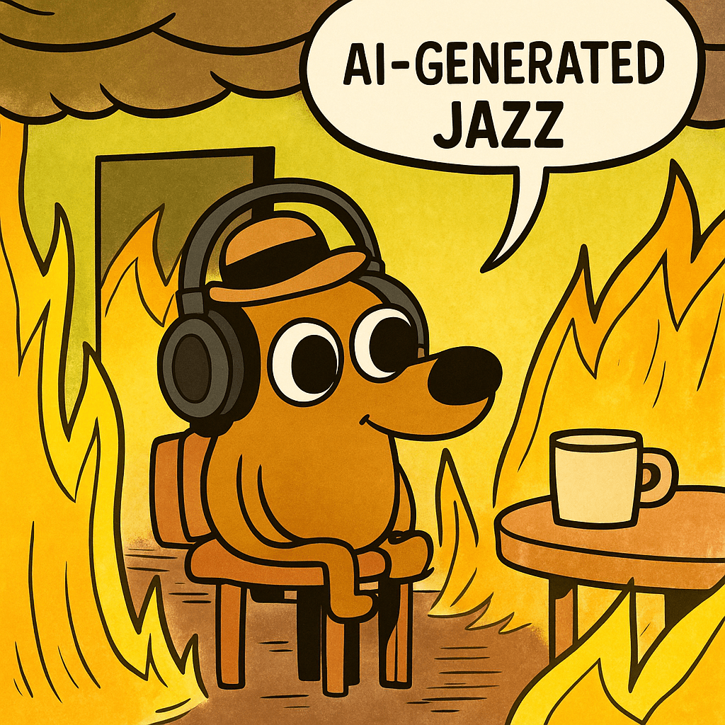 A cartoon dog wearing headphones sits calmly on a chair in a room engulfed in flames, with a mug on a table nearby, and a speech bubble stating 'AI-GENERATED JAZZ'.
