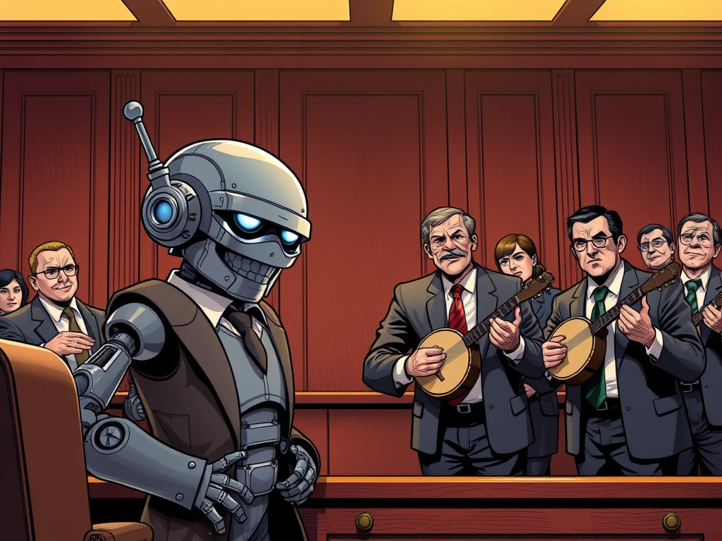 An illustrated courtroom scene featuring a robot in a suit standing at a witness stand, with a group of people in business attire playing banjos in the background.