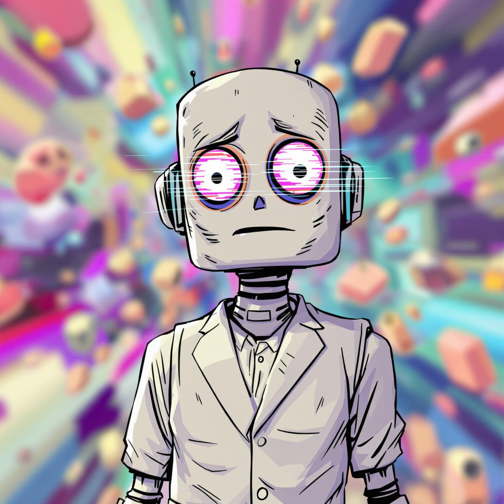 A cartoon-style illustration of a robot with a sad expression, wearing a white lab coat, against a vibrant, colorful abstract background.