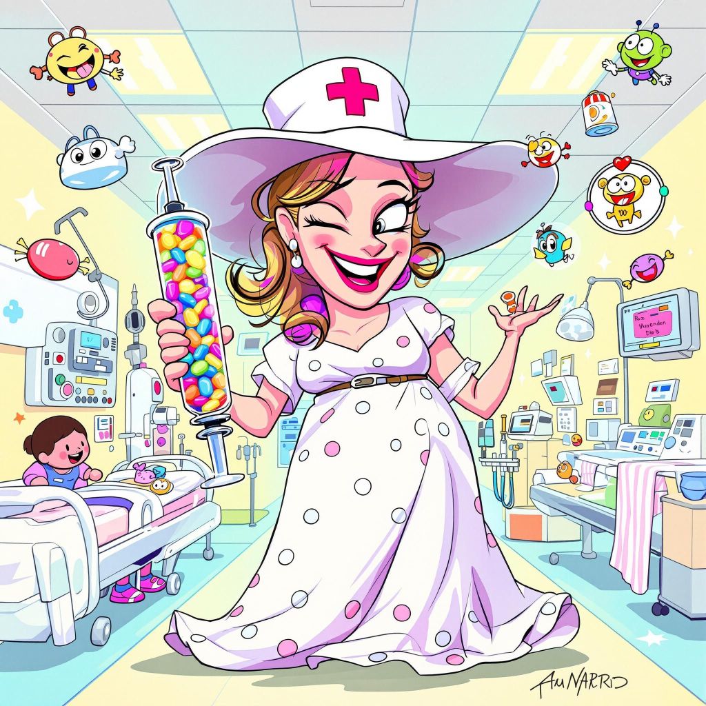 A whimsical, cartoon-style nurse in a polka dot dress and large hat, holding a giant syringe filled with colorful candies, in a cheerful hospital setting decorated with playful elements and smiling characters.