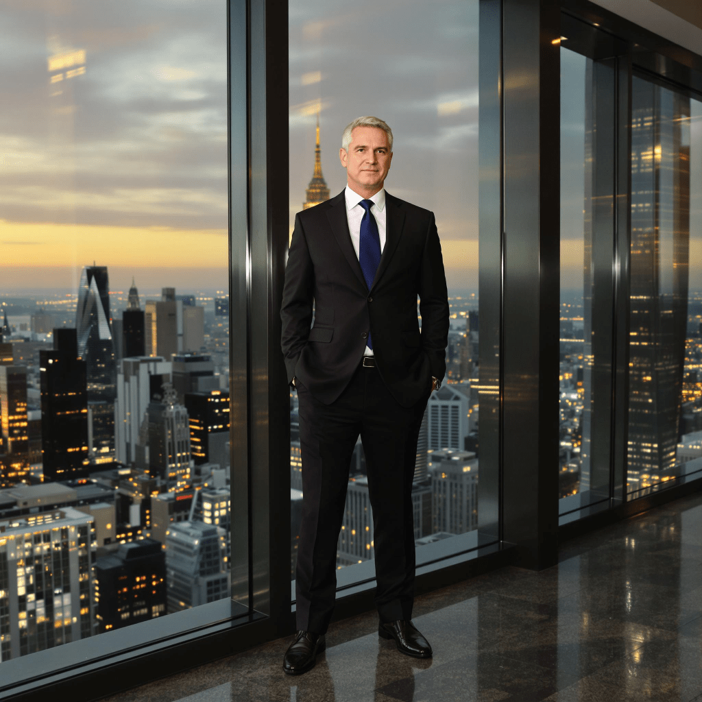 A businessman in a suit stands confidently in front of a large window overlooking a city skyline at sunset.