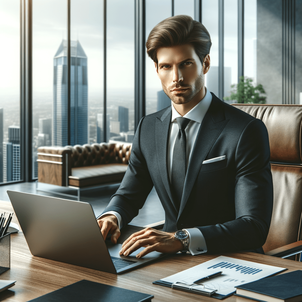 A professional man in a suit working on a laptop in a modern office with a city skyline in the background.