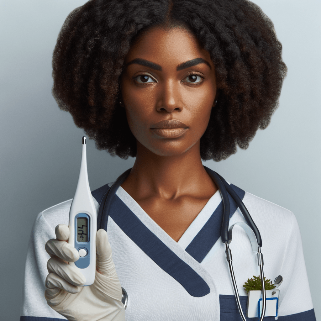 Close-up of a nurse with curly hair holding a digital thermometer, wearing a white and blue uniform with a stethoscope around her neck.