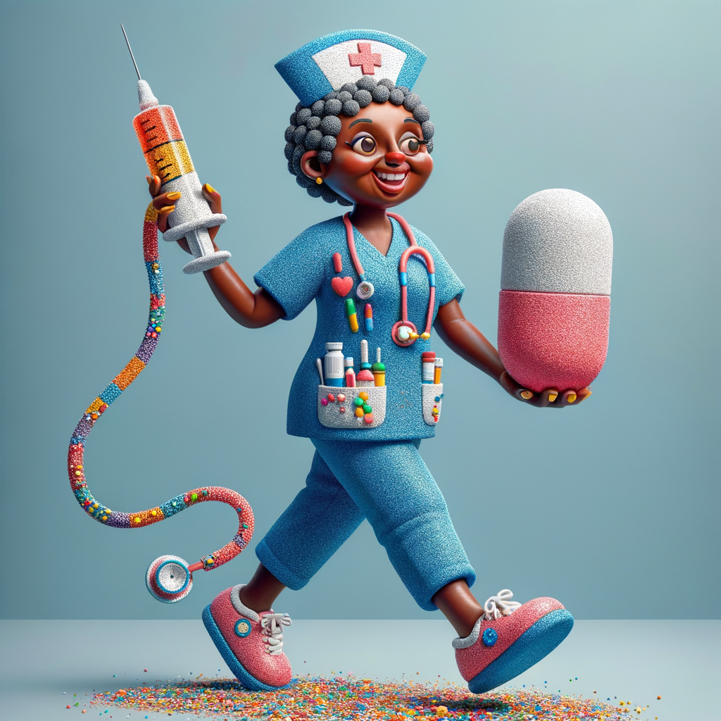 A whimsical cartoon nurse character cheerfully carrying a large pill and a colorful syringe, dressed in scrubs with medical tools in pockets, set against a soft blue background.