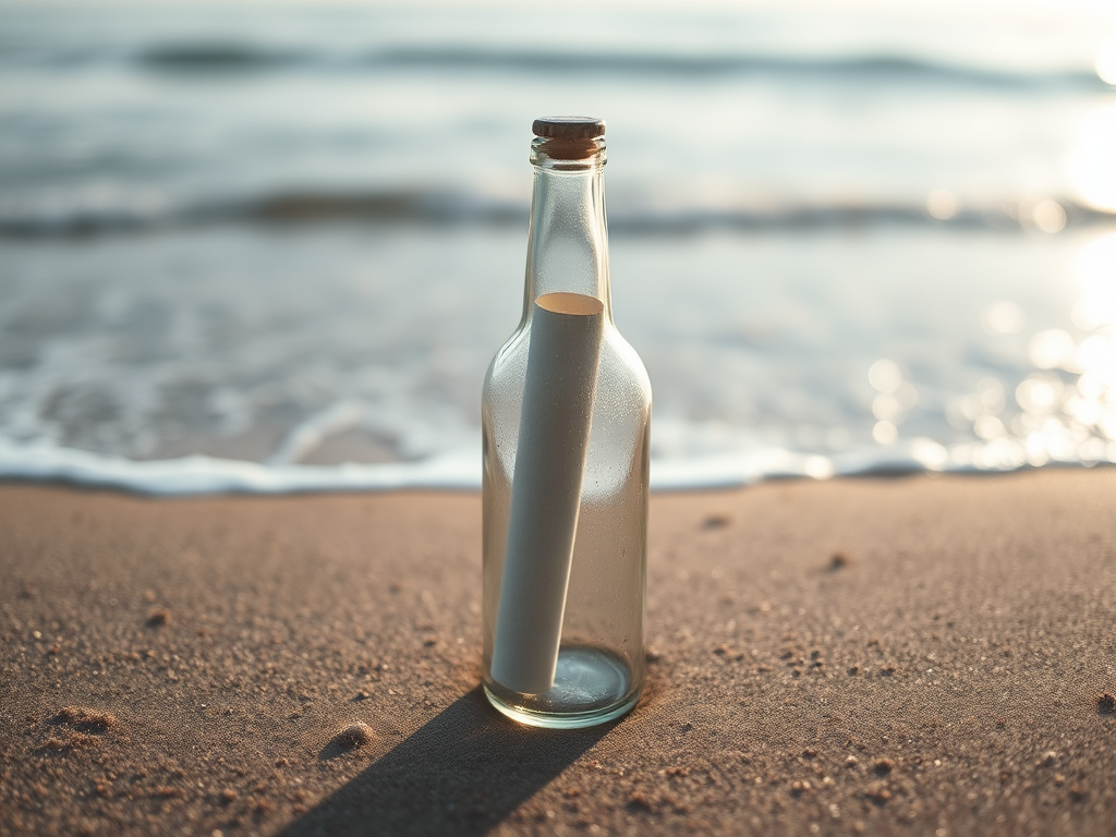 A glass bottle containing a rolled-up piece of paper is resting on a sandy beach, with gentle waves in the background.