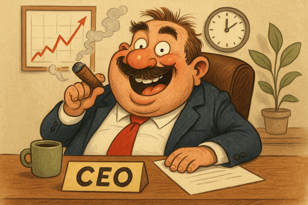A cartoon-style illustration of a jovial CEO sitting at a desk with a cigar, coffee cup, and a financial growth chart in the background.