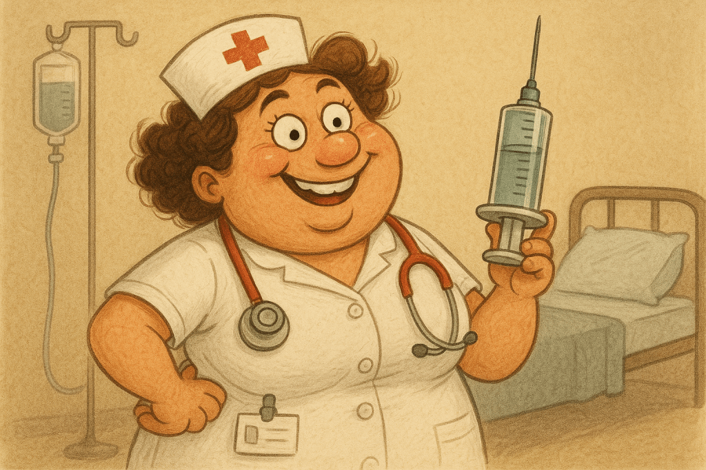 A cheerful cartoon nurse with curly hair holds a syringe, smiling in a hospital room with medical equipment in the background.