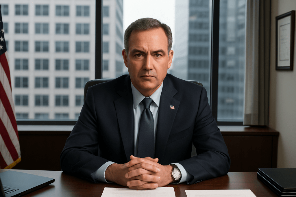 A serious-looking male CEO in an office setting, sitting at a desk with hands clasped, featuring large windows in the background with a cityscape view.