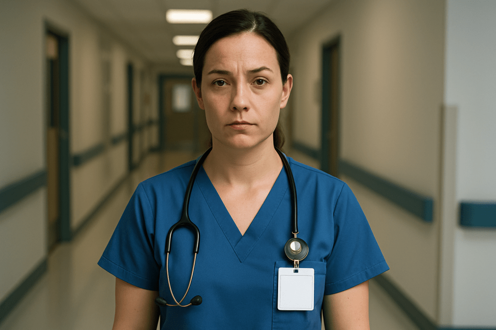 A serious female nurse wearing blue scrubs and a stethoscope in a hospital corridor, looking stern and focused.