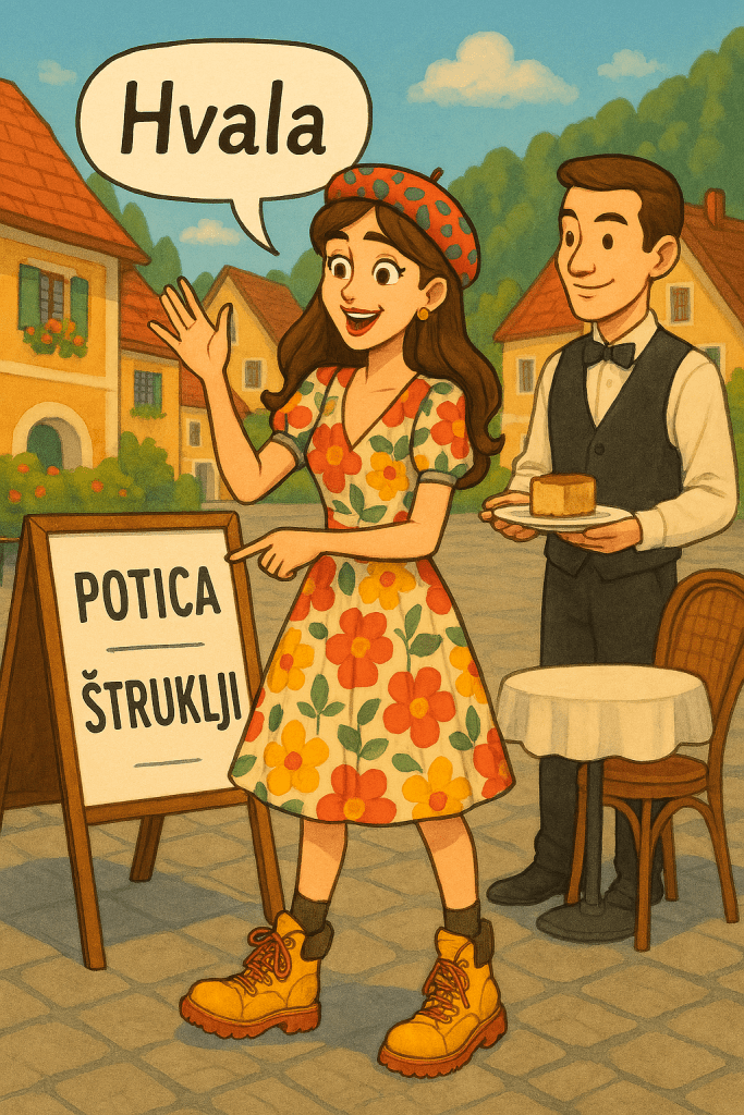 Illustration of joyful woman celebrating after speaking full sentences in English and German, adding a touch of Slovenian, set in vibrant town scene.