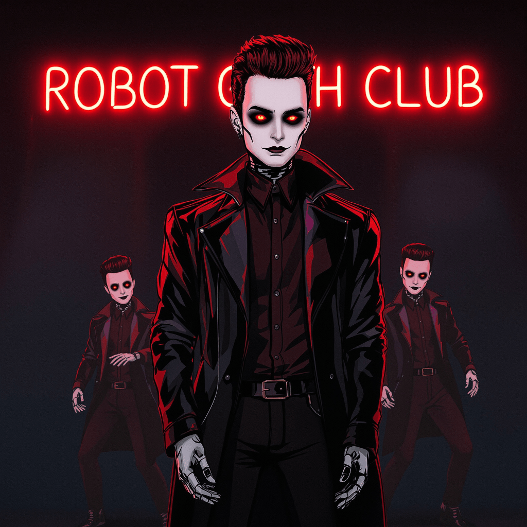 Cyberpunk goth illustration of a character in black leather coat, white face paint with red accents and glowing red eyes, standing before neon ‘ROBOT GOTH CLUB’ sign, surrounded by shadowy mirrored figures.