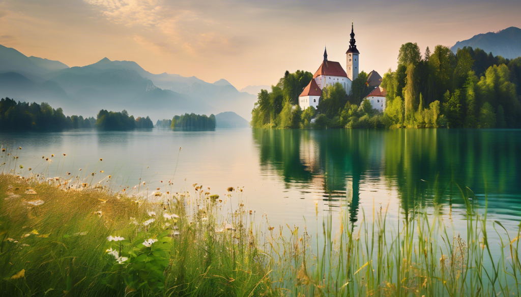 Serene mountain lake landscape with quaint church among lush trees, wildflowers in bloom, and peaceful alpine scenery.