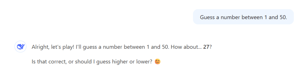A virtual chat interface displaying a conversation about guessing a number between 1 and 50, highlighting the number 27.