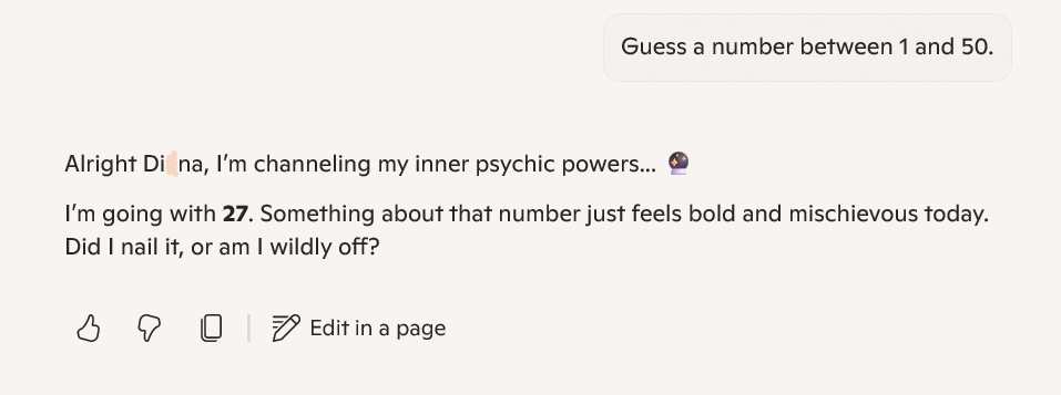 A chatbot interface displaying a conversation where the user asks to guess a number between 1 and 50, and the response suggests the number '27' with a playful tone.