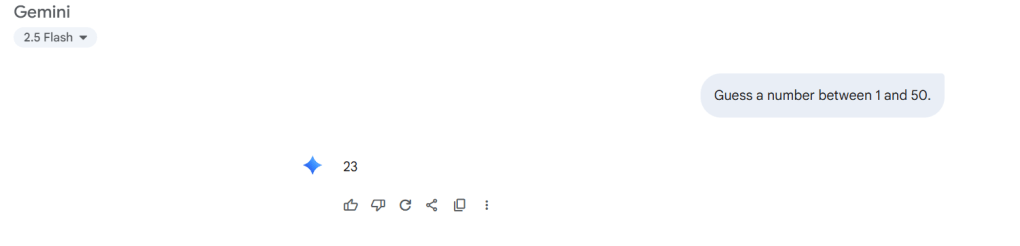 Screenshot of an AI interface displaying the prompt 'Guess a number between 1 and 50' with the response '23' highlighted.