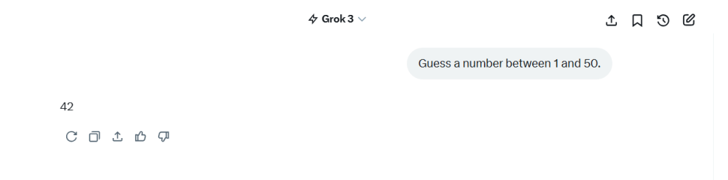 Screenshot of an AI model's output with a prompt asking to guess a number between 1 and 50, displaying the response '42'.