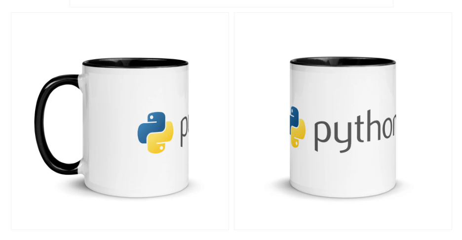 Ceramic coffee mug featuring the official Python programming language logo and the word 'Python' - ideal gift for coders and software developers.