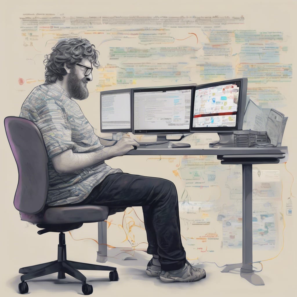AI-generated illustration of a focused programmer at a modern workstation with three monitors, analyzing complex code and software architecture diagrams.