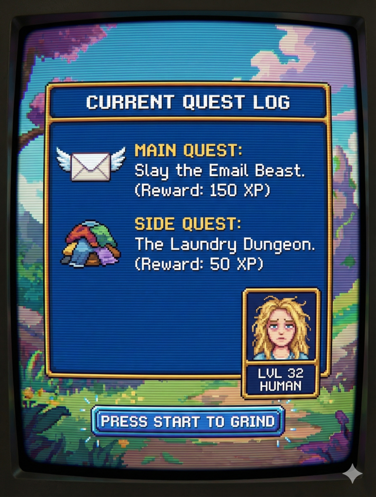 A retro pixel-art screenshot of a video game RPG interface. The 'Quest Log' menu lists real-life chores instead of fantasy missions, showing 'Main Quest: Slay the Email Beast (150 XP)' and 'Side Quest: The Laundry Dungeon (50 XP)' with a pixelated hero character portrait.