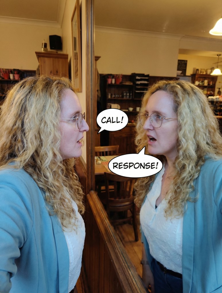 Visual concept for Generative AI success depicting a smiling user and their reflection exchanging 'Question' and 'Answer' bubbles, illustrating how clear context and positive intent lead to accurate AI outputs.