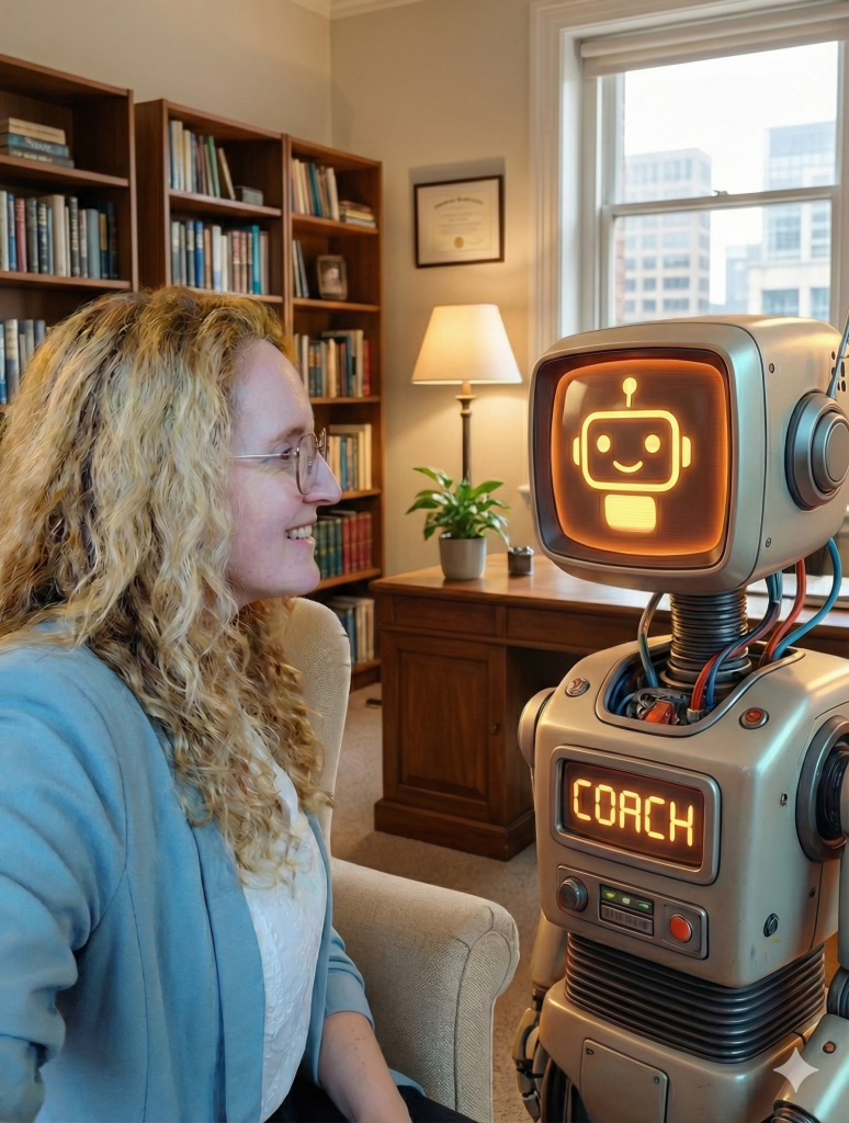 Friendly AI robot sidekick helping a creative freelancer organize their clutter-core home office.