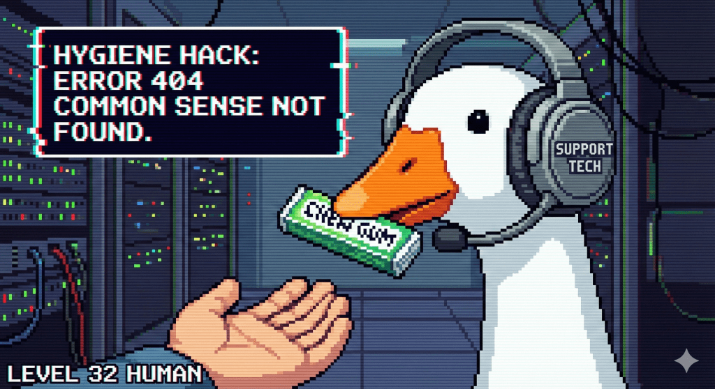 A retro pixel-art illustration of a 'silly goose' wearing a tech headset, offering a pack of chewing gum to the human user avatar. A glitchy text bubble above the goose reads 'HYGIENE HACK: ERROR 404 COMMON SENSE NOT FOUND,' visualizing an AI hallucination giving absurd advice.