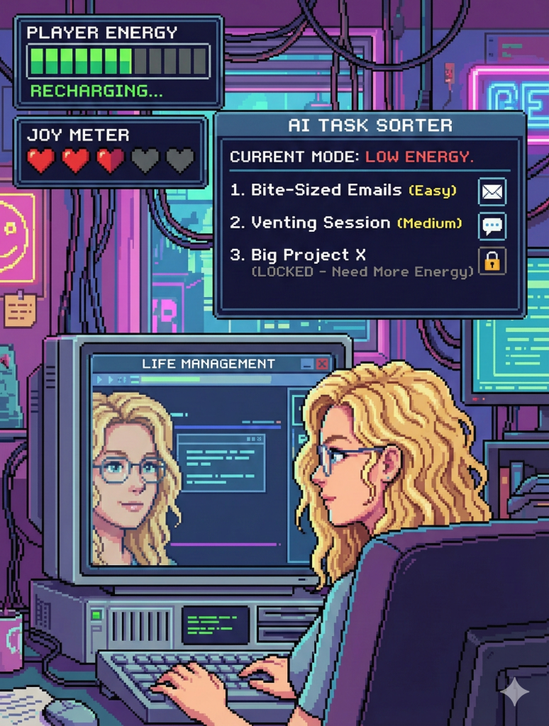 A retro pixel-art screenshot showing the blonde woman with glasses from previous images looking at an AI 'Life Dashboard' screen. The screen displays a recharging 'Energy Level' battery bar, a 'Joy Meter,' and a task list sorted by 'Low Energy' mode, visualizing how she uses AI to balance daily capacity with to-dos.