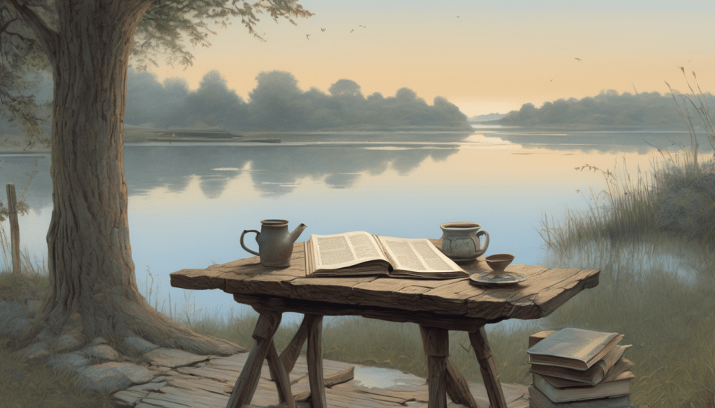 A tranquil riverside scene depicting a wooden table with an open book, a ceramic pot, and a cup, surrounded by lush greenery and calm water reflecting the soft morning light.
