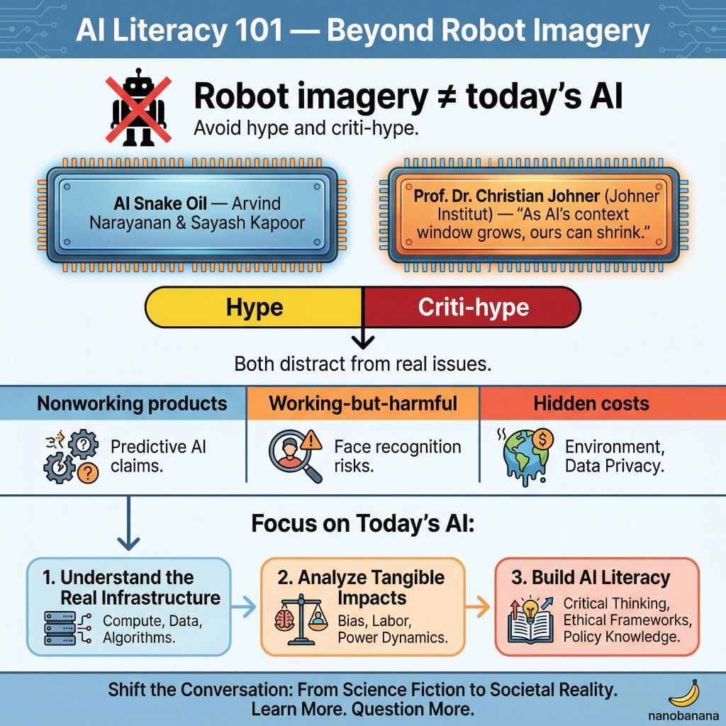 Infographic titled 'AI Literacy 101 — Beyond Robot Imagery' discussing the distinction between robot imagery and today's AI, emphasizing the need to avoid hype and critique. It outlines nonworking products, harmful AI applications, and hidden costs, while providing guidance on understanding AI infrastructure, analyzing impacts, and building AI literacy.